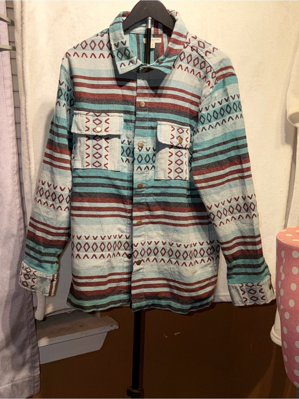 Earthbound Striped Aztec Button-Up Shirt Jacket - Teal & Brown Sz M